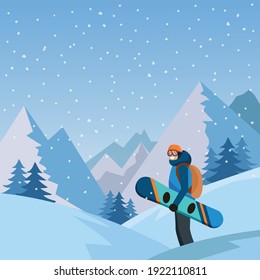 A man with a snowboard on the mountain landscape background.Snowboarding. 
Extreme sport activities, winter vacation. Cartoon Style Vector Illustration