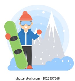 Man with snowboard standing in the mountain.
