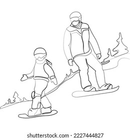 Man snowboarder with a child riding on a mountain slope on snowboards simple line drawing sketch vector illustration.Father and son ride in the mountains.Winter holidays,extreme sports