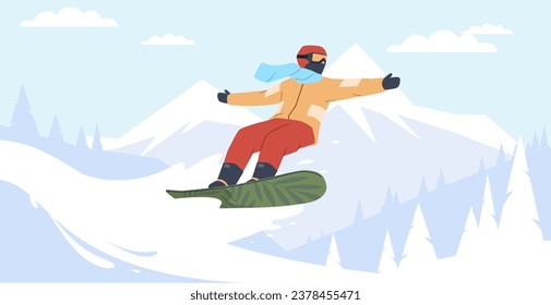 Man snowboarding down snowy mountain. Winter extreme sport. Boy in helmet and sportwear. Freeride on snowboard. Outdoor activity on resort. Cartoon flat isolated illustration. Vector concept