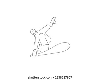 Man snowboarding in line art drawing style. Composition of a winter sport scene. Black linear sketch isolated on white background. Vector illustration design.