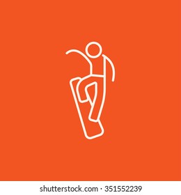 Man snowboarding line icon for web, mobile and infographics. Vector white icon isolated on red background.