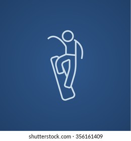 Man snowboarding line icon for web, mobile and infographics. Vector light blue icon isolated on blue background.