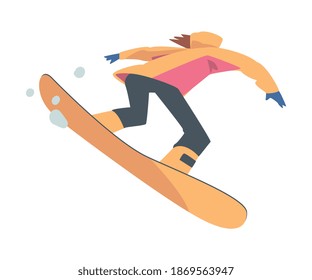Man Snowboarding in Mountains, Snowboarder Character Dressed in Winter Clothing in Jump, Extreme Sport Activities, Winter Vacation Cartoon Style Vector Illustration