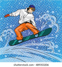 Man snowboarding in mountains. Vector illustration in pop art retro style. Winter sports vacation concept. Sportsman jump with snowboard.