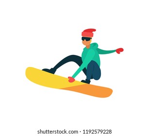 Man snowboarding winter sport activity isolated on white. Vector illustration of snowboarder, extreme skiing male jumping on board at high speed