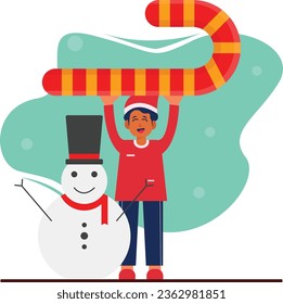 Man with snowman and candy cane. Flat design vector illustration.
