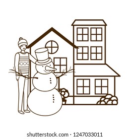 man with snowman outside of the house