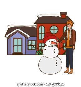 man with snowman outside of the house