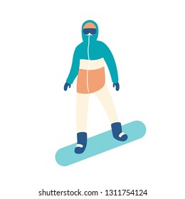 Man in snowsuit riding snowboard. Guy in seasonal sportswear practicing snowboarding. Extreme winter sports and recreational outdoor activity. Colorful vector illustration in flat cartoon style.