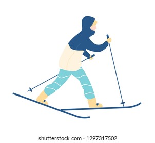 Man in snowsuit taking part in race, cross-country or Nordic skiing competition. Winter sports and recreational activity. Cartoon character isolated on white background. Flat vector illustration.