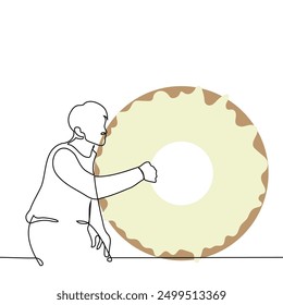 Mann schmiegte sich an einen riesigen Donut mit weißer Glasur - eine Zeile Kunstvektor. Konzept Metapher eines süßen Zahns, Donut-Liebhaber. Handgemachte Vektorgrafik nicht AI