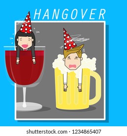 Man Soaked in a mug of beer with a hangover look. Funny vector concept.