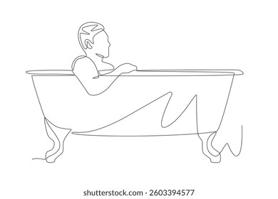 Man soaking in bathtub. Taking a bath concept one-line drawing