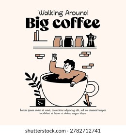 Man soaking in giant coffee mug like bathtub with OK gesture. Cozy cafe mascot with plant and shelves.