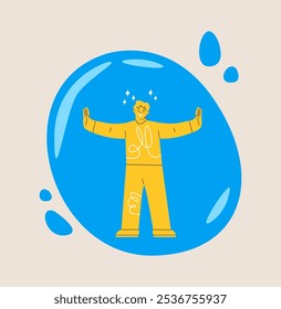 Man in soap bubbles. Personal boundaries concept. Colorful vector illustration
