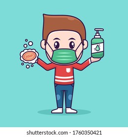 Man with Soap and Hand Sanitizer. wearing face mask to protect from virus spreading. flat design cartoon illustration