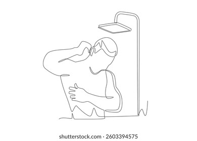 Man soaping himself in the shower. Taking a bath concept one-line drawing