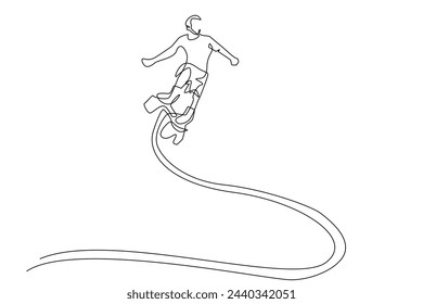 Man Soaring On Flyboard With Water Propulsion continuous line.performing tricks and aerial stunts with flyboard.in vector one line drawing