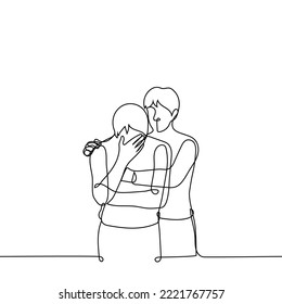 man sobbing covering his face with his hand from the back stroking and calming another man - one line drawing vector. concept comfort a loser or bereaved loved one, support a friend or family member svg