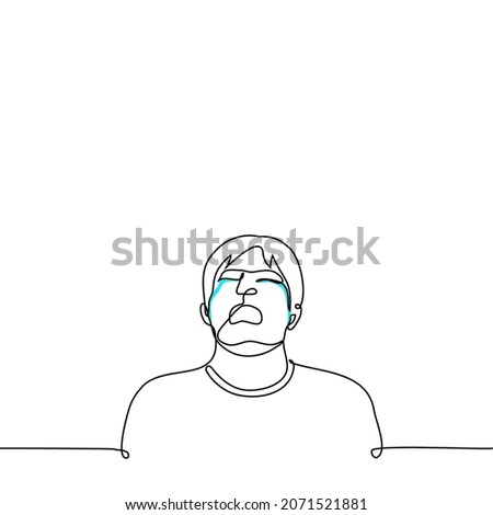 man sobbing stream of tears with his mouth open - one line drawing vector. concept of exaggerated emotions, drama, despair, big resentment, hysteria, explosion emotions