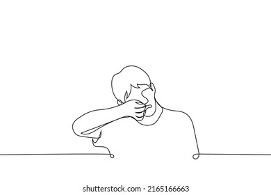 man sobs bitterly - one line drawing vector. concept of men's tears, touchy man