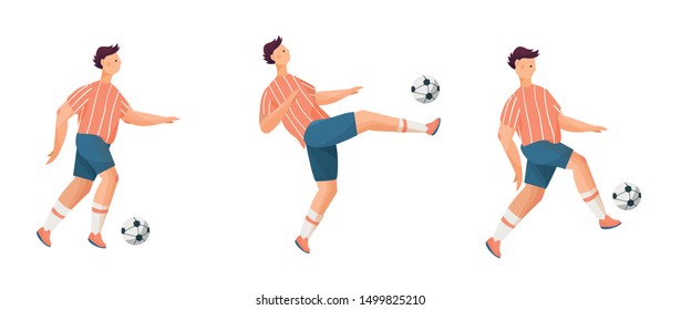 Man soccer, football player set. Flat vector illustration on white background in flat style, young man team in uniform doing exercises in training.