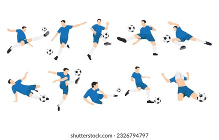 Man soccer player or football player doing different variation. Flat vector illustration isolated on white background