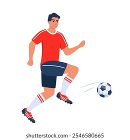 Hombre, jugador de fútbol. Chico corriendo, pateando pelota en el campo deportivo. Hombre activo en ropa deportiva jugando al fútbol, entrenando. Actividad saludable. Ilustración vectorial