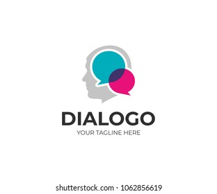 Man Social Communication Logo Template. Men Head And Chat Vector Design. Human Face And Speech Bubble Logotype