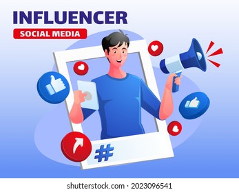 Man social media influencer with megaphone