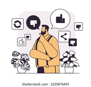 man with social media likes and dislikes icons internet network community concept portrait