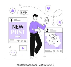 Man with social media line. Young guy with smartphone near new post in social networks. Public figure and content creator, blogger. Social media addiction. Linear flat vector illustration