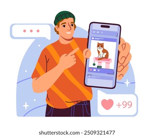 Man with social media. Young guy show smartphone screen with photo of cat. Promotion of interesting content on internet. Blogger, content creator or social media user. Flat vector illustration