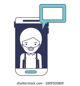 man social network smartphone screen dialogue in blue color sections silhouette