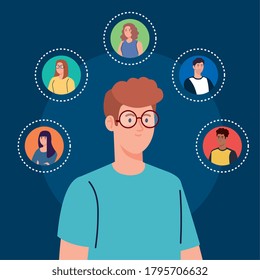 man and social networking community, interactive, communication and global concept vector illustration design