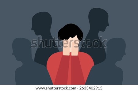 A man socially anxious standing alone in crowd illustration