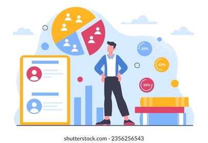 Man with sociology concept. Young guy with statistics about society. Character studies demography. Infographics and data visualization. Scientific research. Cartoon flat vector illustration