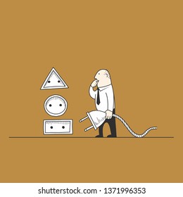 Man and sockets. The person is trying to find the appropriate outlet.