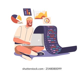 Man software developer character engaged in website optimization, testing code, collecting statistic