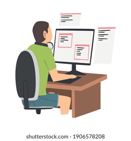 Man as Software Developer or Programmer Engaged in Coding in Server-side Framework on Computer Vector Illustration