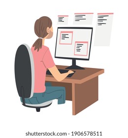 Man as Software Developer or Programmer Engaged in Coding in Server-side Framework on Computer Vector Illustration