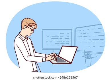 Man software developer is standing at table with laptop and monitors creating server applications. Dispatcher guy works as it analyst using software to monitor load on company computer systems.
