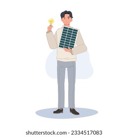 man with solar cell panel and light bulb to show clean energy. Flat vector cartoon illustration