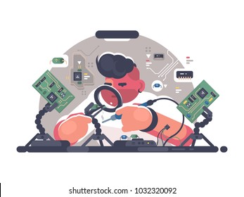 Man solder iron electric board. Diagnostics and repair. Vector illustration