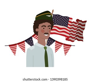 man soldier of war with flag of united states background