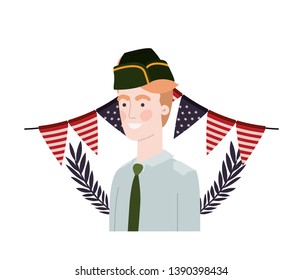 man soldier of war with flag of united states background
