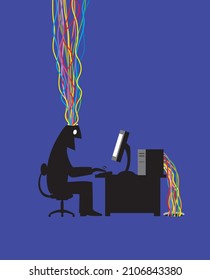 A man, in solhouette, sits at a desktop computer. Bright, colorful cables go into his head. At the same time, similar bright, colourful cables go out the back of the computer.