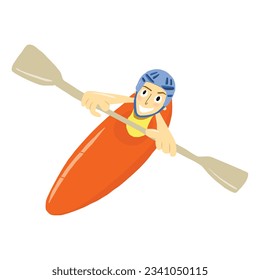 Man in solo canoe rowing with paddle on water. Kayaking vector illustration.