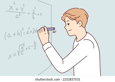 El hombre resuelve problemas matemáticos complejos completando las tareas del profesor universitario. Un chico inteligente con camisa blanca está usando marcadores para escribir fórmulas en la pizarra durante el examen de álgebra. Diseño vectorial plano 